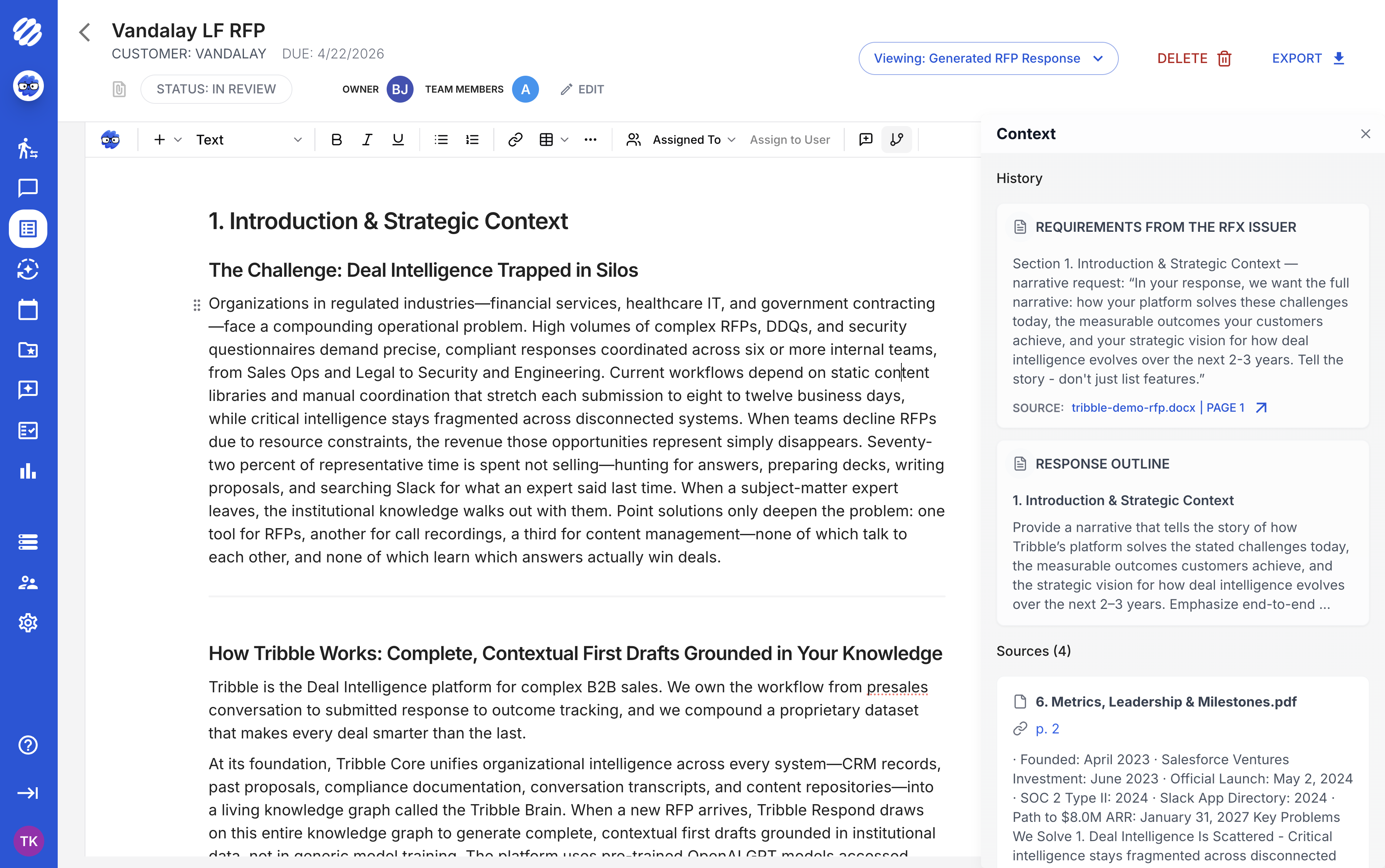 Tribble response editor showing generated answer context and cited sources